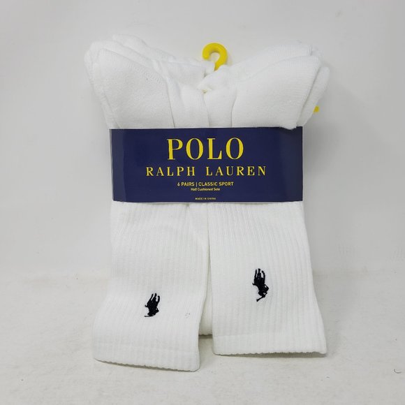 Polo Ralph Lauren Casual Sport Crew Socks White Navy Blue 6-Pack Pair 10-13 - Picture 2 of 4